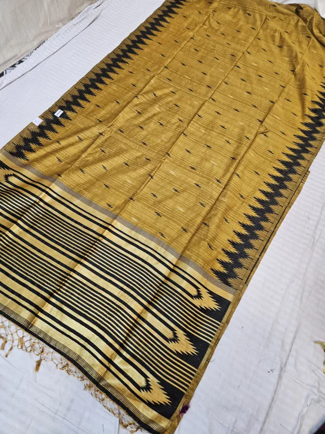 Mustard Yellow Replica Matka Art Silk Saree with Black Temple Border & Zari Pallu