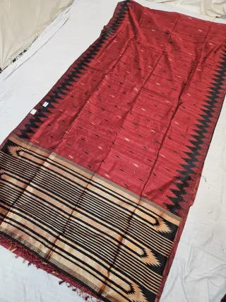 Crimson Red Replica Matka Art Silk Saree with Black Temple Border & Zari Pallu