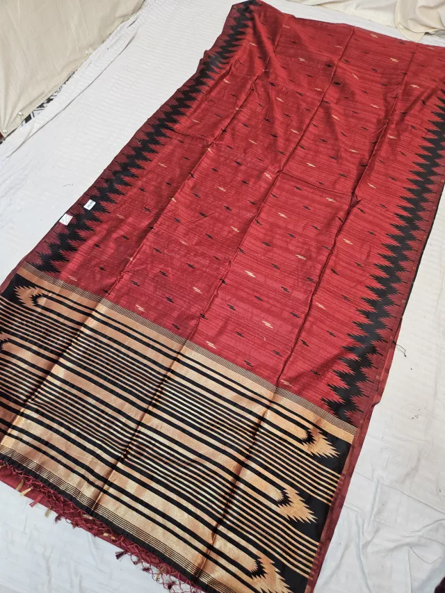 Crimson Red Replica Matka Art Silk Saree with Black Temple Border & Zari Pallu