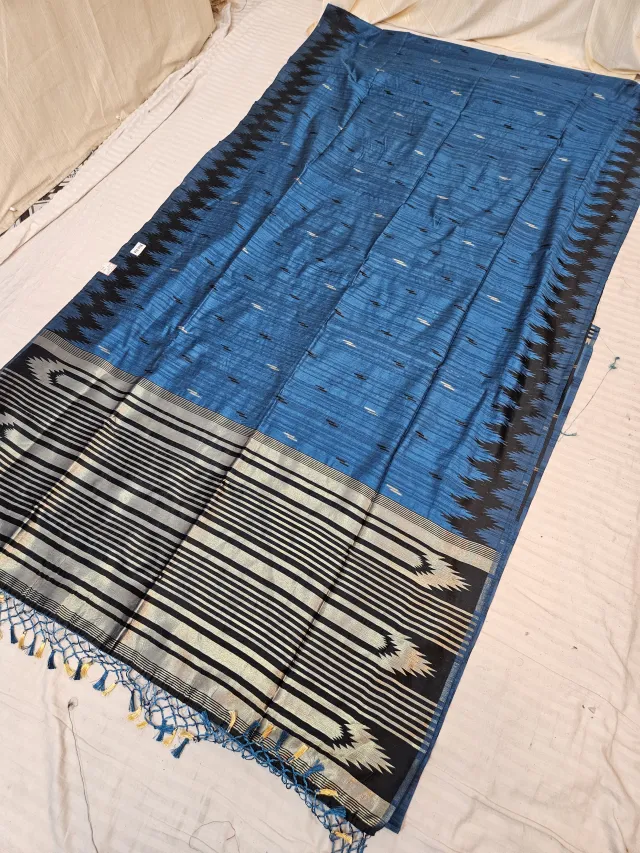 Royal Sapphire Blue Replica Matka Art Silk Saree with Black Temple Border & Zari Pallu