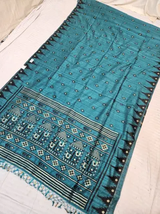 Peacock Teal Blue Replica Matka Art Silk Saree with Elephant Motif Pallu & Black Temple Border