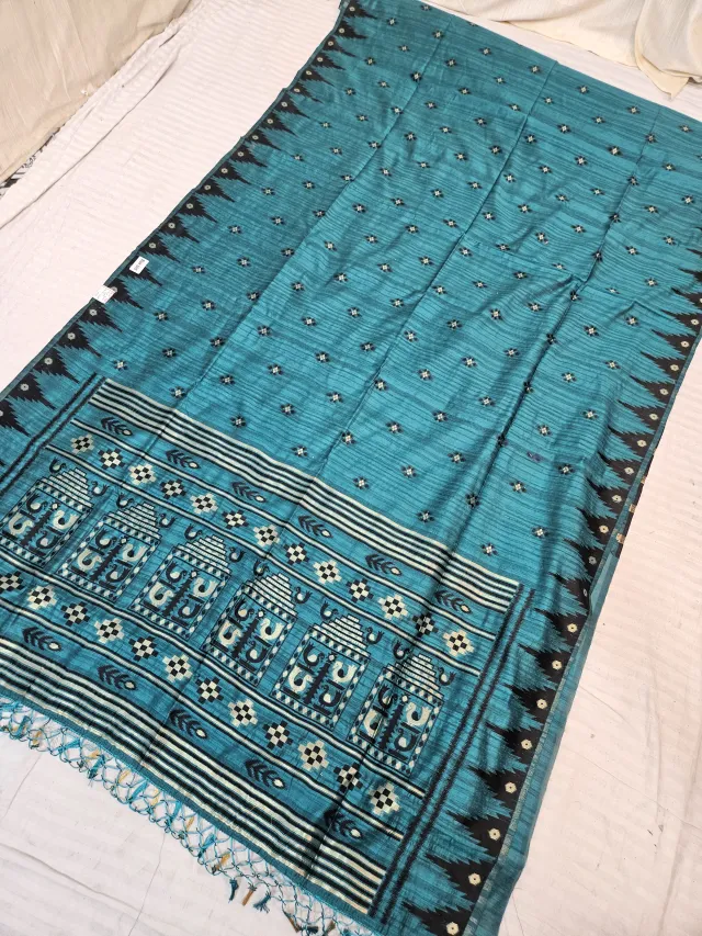 Peacock Teal Blue Replica Matka Art Silk Saree with Elephant Motif Pallu & Black Temple Border