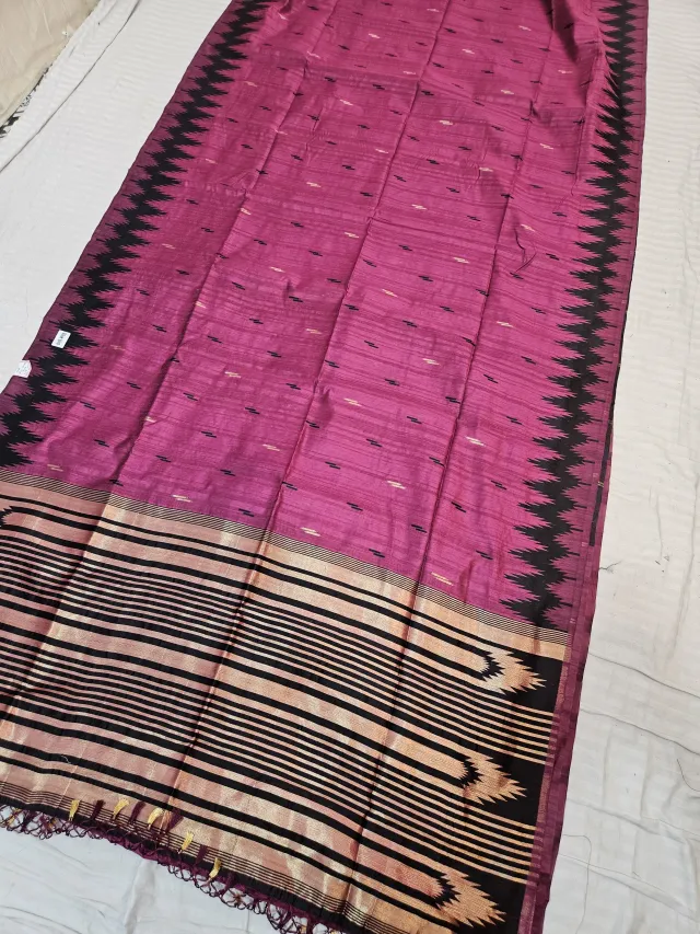 Magenta Pink Replica Matka Art Silk Saree with Black Temple Border & Zari Pallu
