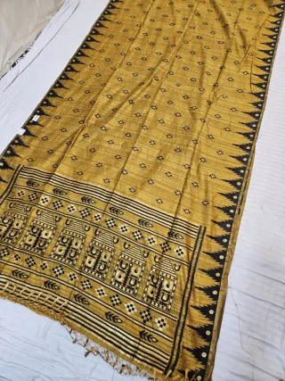 Mustard Yellow Replica Matka Art Silk Saree with Elephant Motif Pallu & Black Temple Border