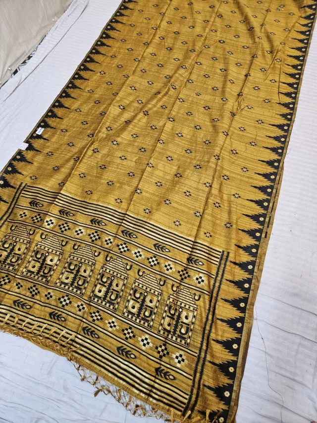 Mustard Yellow Replica Matka Art Silk Saree with Elephant Motif Pallu & Black Temple Border