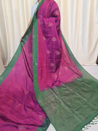 Rani Pink Arani South Silk Saree with Mango Buta & Contrast Green Zari Pallu