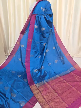 Royal Blue Arani South Silk Saree with Mango Buta & Contrast Magenta Pink Zari Pallu