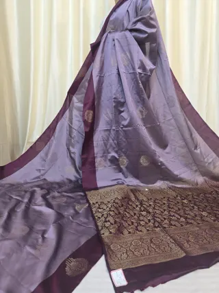 Lavender Arani South Silk Saree with Floral Buta & Contrast Wine Zari Pallu
