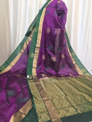 Plum Purple Arani South Silk Saree with Floral Buta & Contrast Green Zari Pallu