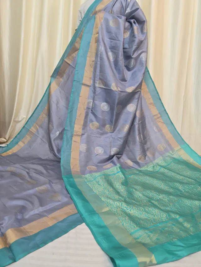 Silver Ash Arani South Silk Saree with Coin Buta & Contrast Sea Green Zari Pallu