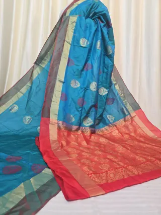 Blue Arani South Silk Saree with Peacock Buta & Contrast Red Zari Pallu