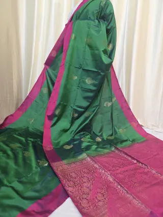 Emerald Green Arani South Silk Saree with Mango Buta & Contrast Magenta Pink Zari Pallu