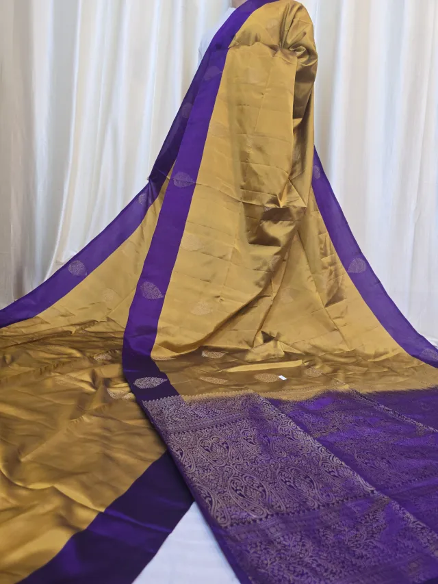 Mustard Gold Arani South Silk Saree with Mango Buta & Contrast Violet Zari Pallu