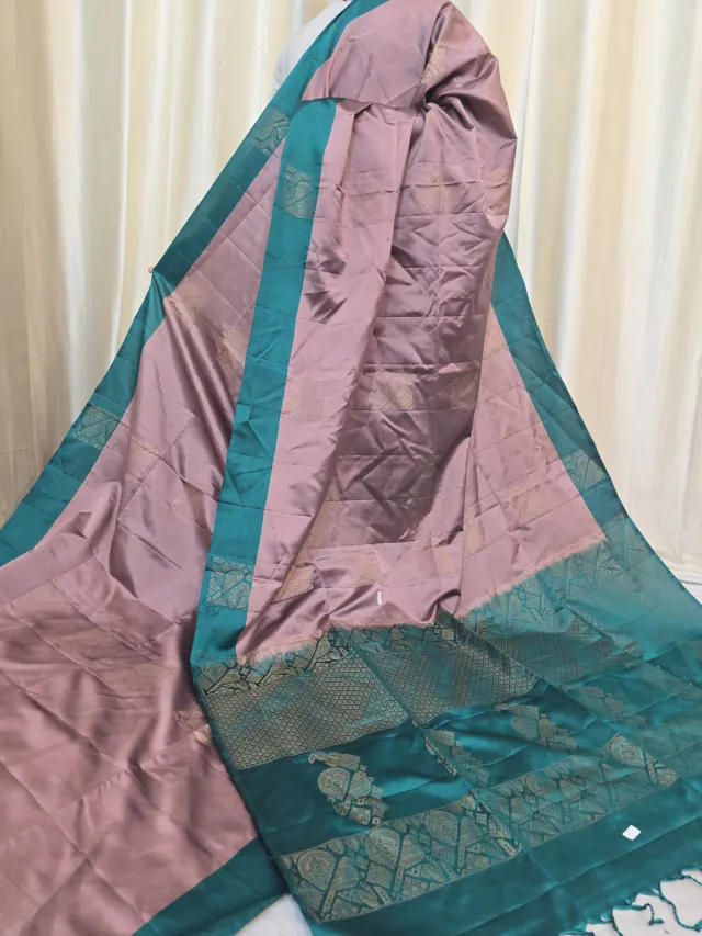 Dusty Rose Mauve Arani South Silk Saree with Bird Buta & Contrast Teal Green Zari Pallu