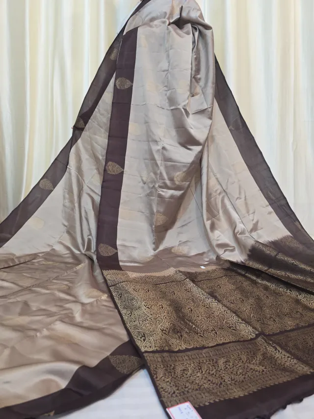 Silver Taupe Arani South Silk Saree with Mango Buta & Contrast Dark Brown Zari Pallu