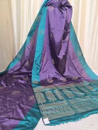 Violet Purple Arani South Silk Saree with Tree of Life Buta & Contrast Sea Green Zari Pallu