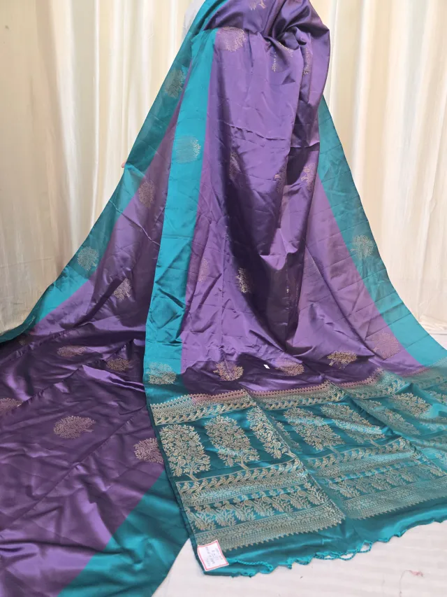 Violet Purple Arani South Silk Saree with Tree of Life Buta & Contrast Sea Green Zari Pallu