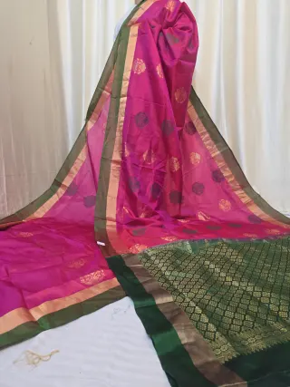 Rani Pink Arani South Silk Saree with Medallion Buta & Contrast Green Zari Pallu