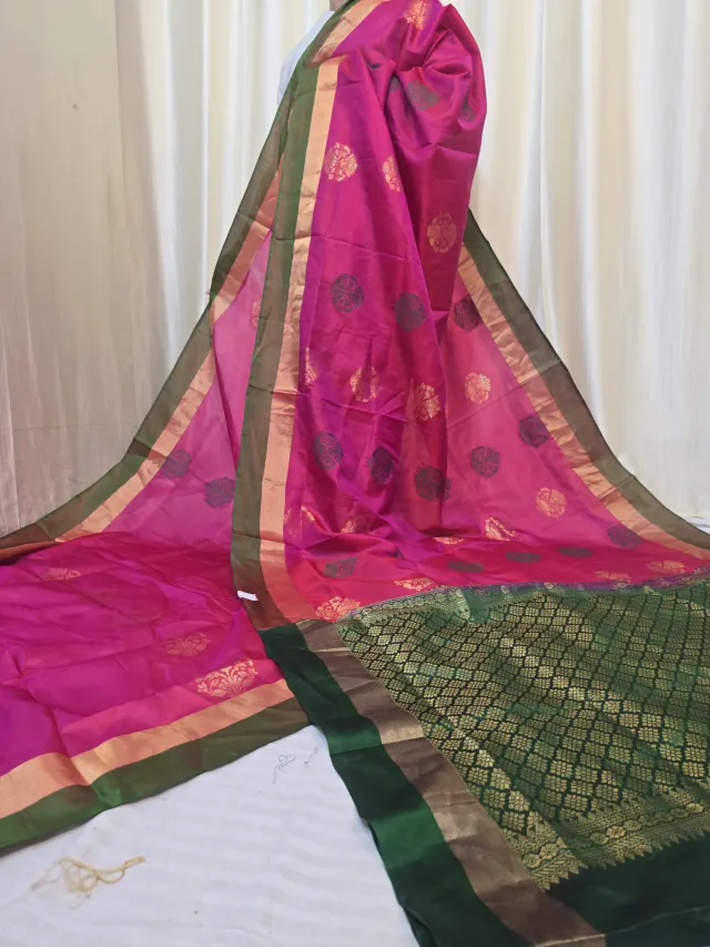 Rani Pink Arani South Silk Saree with Medallion Buta & Contrast Green Zari Pallu