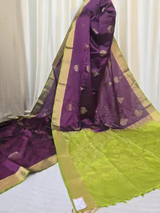 Plum Purple Arani South Silk Saree with Peacock Buta & Contrast Lime Green Zari Pallu
