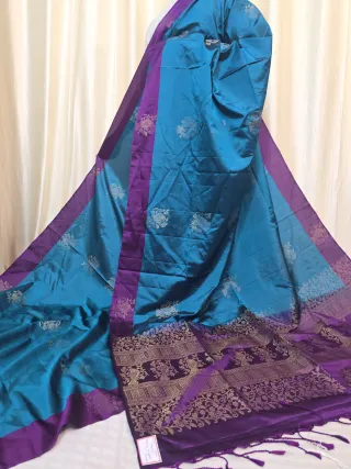 Peacock Teal Blue Arani South Silk Saree with Bird Buta & Contrast Violet Zari Pallu