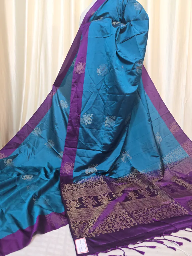 Peacock Teal Blue Arani South Silk Saree with Bird Buta & Contrast Violet Zari Pallu