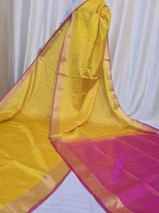 Sunflower Yellow Arani South Silk Saree with Roundel Buta & Contrast Rani Pink Zari Pallu