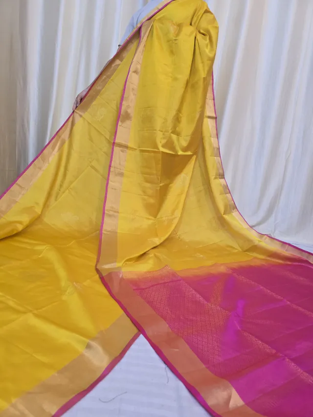 Sunflower Yellow Arani South Silk Saree with Roundel Buta & Contrast Rani Pink Zari Pallu