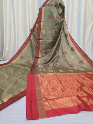 Olive Bronze Arani South Silk Saree with Medallion Buta & Contrast Red Zari Pallu