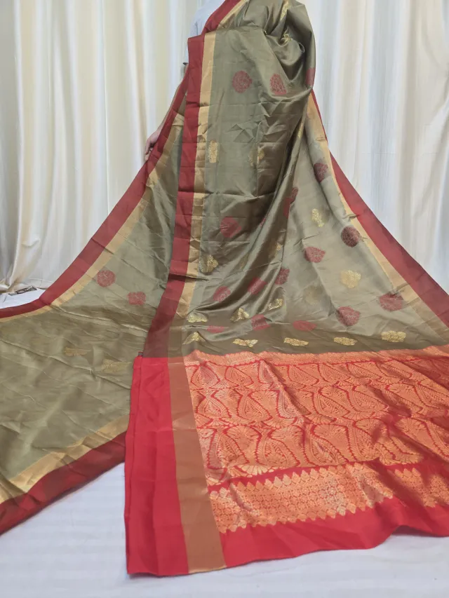 Olive Bronze Arani South Silk Saree with Medallion Buta & Contrast Red Zari Pallu