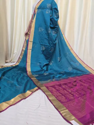 Peacock Teal Blue Arani South Silk Saree with Floral Bouquet Buta & Contrast Magenta Zari Pallu