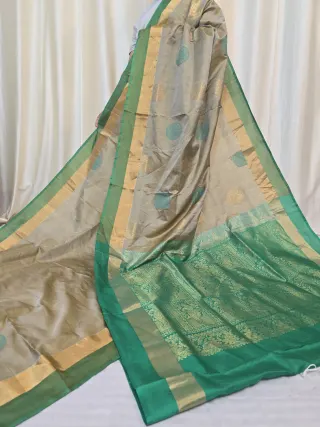 Silver Fawn Arani South Silk Saree with Medallion Buta & Contrast Green Zari Pallu