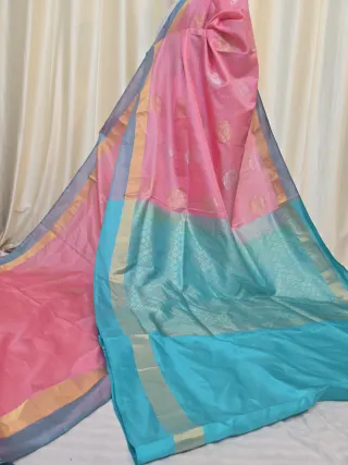 Baby Pink Arani South Silk Saree with Coin Buta & Contrast Turquoise Blue Zari Pallu