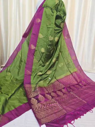 Olive Green Arani South Silk Saree with Mango Buta & Contrast Magenta Zari Pallu