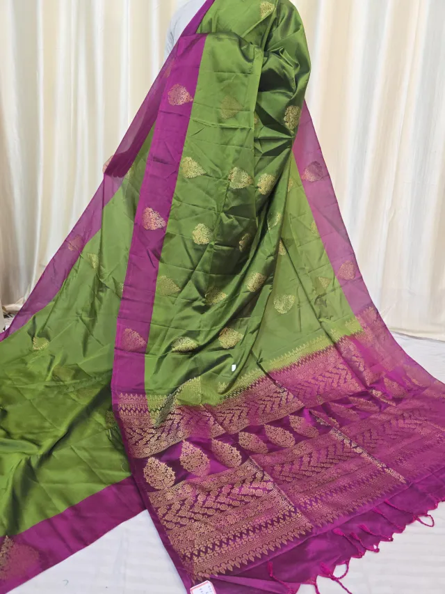 Olive Green Arani South Silk Saree with Mango Buta & Contrast Magenta Zari Pallu
