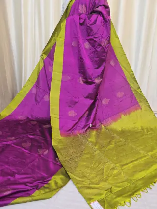 Magenta Violet Duel-Tone Arani South Silk Saree with Coin Buta & Contrast Lime Green Zari Pallu