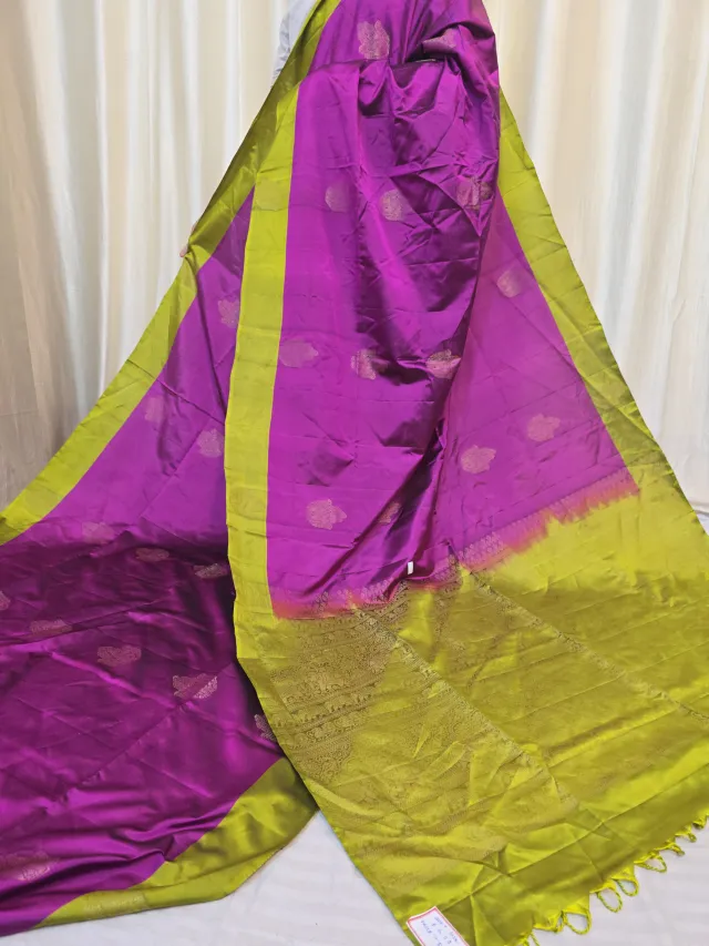 Magenta Violet Duel-Tone Arani South Silk Saree with Coin Buta & Contrast Lime Green Zari Pallu