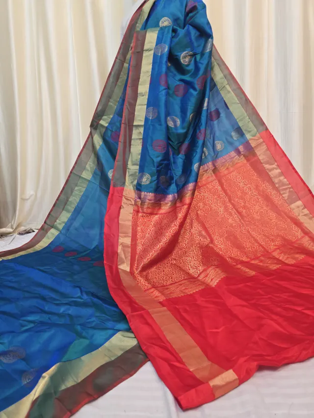 Royal Blue Arani South Silk Saree with Peacock Buta & Contrast Red Zari Pallu
