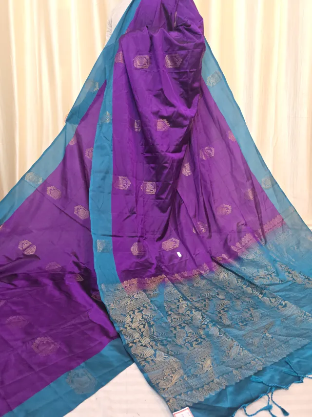 Violet Purple Duel-Tone Arani South Silk Saree with Bird Buta & Contrast Turquoise Blue Zari Pallu
