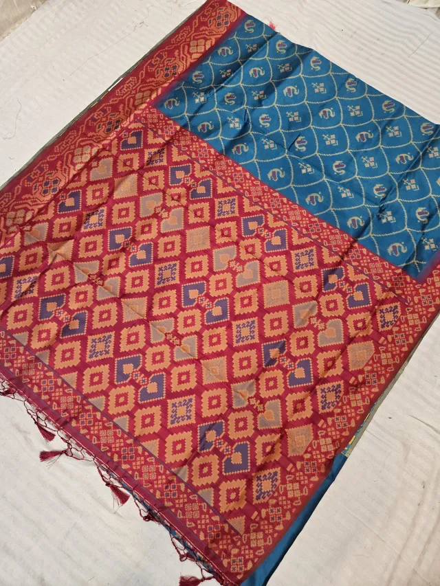 Teal Blue Ikkat Kota Soft Silk Saree with Geometric Check & Contrast Red Patola Zari Pallu