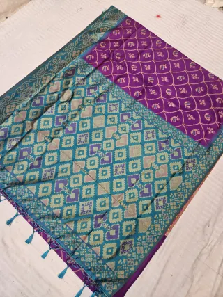 Violet Purple Ikkat Kota Soft Silk Saree with Geometric Check & Contrast Turquoise Patola Zari Pallu