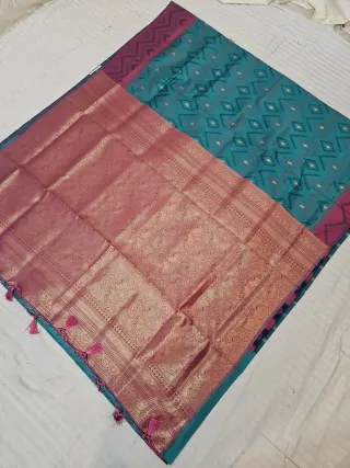 Teal Green Ikkat Kota Soft Silk Saree with Diamond Buta & Contrast Magenta Zari Pallu