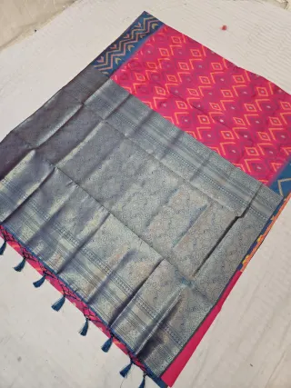 Rani Pink Ikkat Kota Soft Silk Saree with Diamond Buta & Contrast Teal Blue Zari Pallu