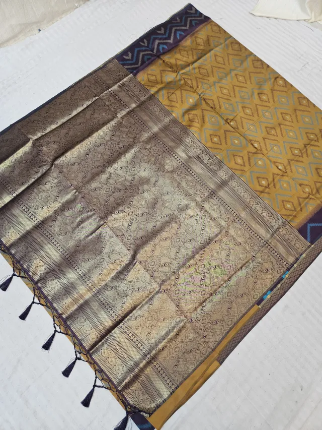 Mustard Yellow Ikkat Kota Soft Silk Saree with Diamond Buta & Contrast Navy Blue Zari Pallu