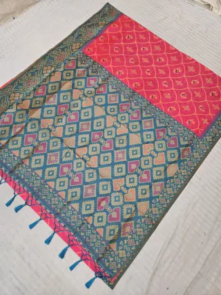 Rani Pink Ikkat Kota Soft Silk Saree with Geometric Check & Contrast Teal Patola Zari Pallu