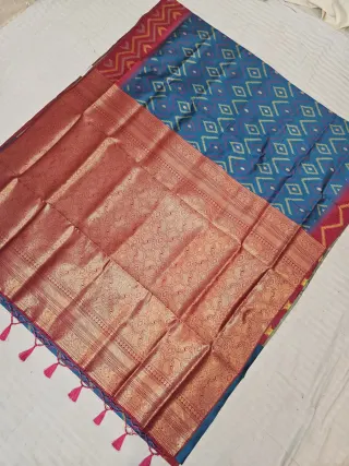 Peacock Blue Ikkat Kota Soft Silk Saree with Diamond Buta & Contrast Red Zari Pallu