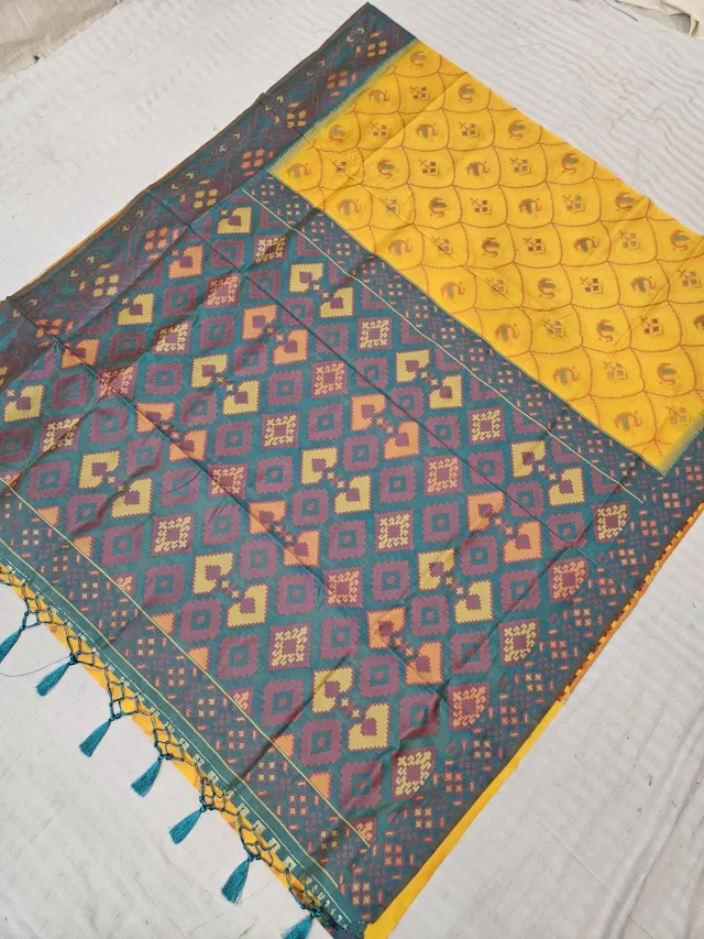 Sunflower Yellow Ikkat Kota Soft Silk Saree with Geometric Check & Contrast Teal Patola Zari Pallu