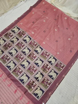 Dusty Rose Pink Muslin Cotton Soft Silk Saree with Pichwai Cow Pallu
