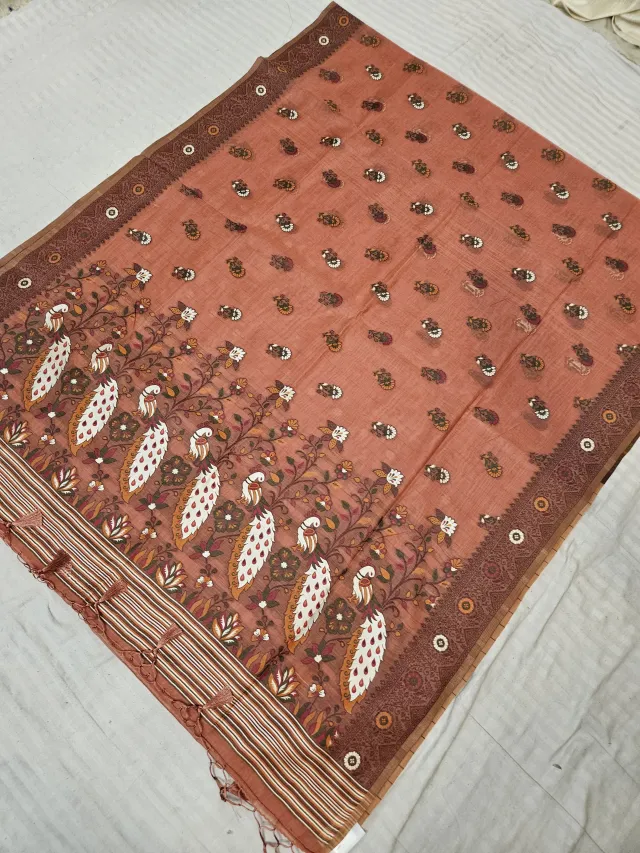 Terracotta Peach Muslin Cotton Soft Silk Saree with Peacock Kalamkari Pallu