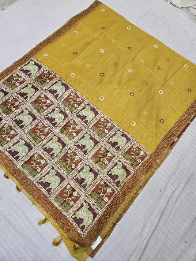 Mustard Yellow Muslin Cotton Soft Silk Saree with Pichwai Cow Pallu